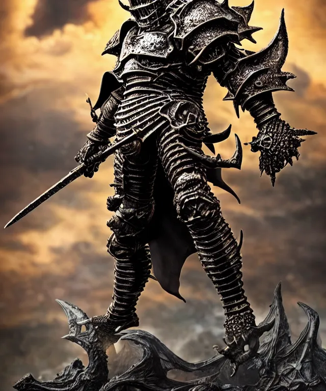 Image similar to hyperrealistic rendering, epic dark souls boss, ornate supreme demon overlord, jewel crown, war armor battle, by art of skinner and richard corben, product photography, collectible action figure, sofubi, hottoys, storm clouds, outside, lightning