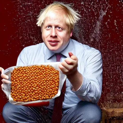 Image similar to Boris Johnson sitting in a bathtub full of baked beans, photograph