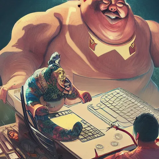 Image similar to an insanely detailed painting of a chubby asian man wearing a homemade superhero costumed, sitting at a computer desk typing on the keyboard, in the style of peter mohrbacher, dramatic lighting and composition, trending on artstation, concept art, comic book, graphic novel