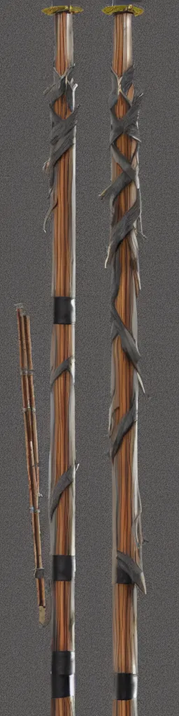 Image similar to single wooden long straight thin ninja fighting staff with oriental ornaments, weapon, highlight, vertical, centred, highly symmetric, sci - fi, fantasy, japan, dnd, close shot, bright uniform background, directional lighting, digital art, hyperrealism, award winning, 8 k