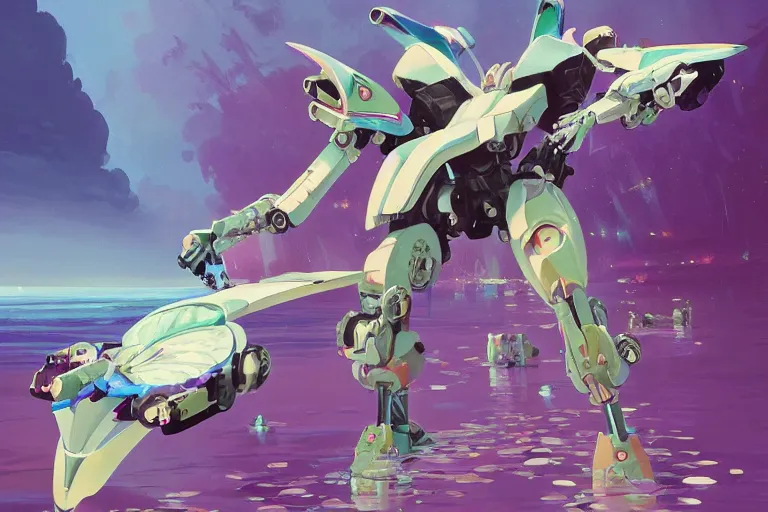 Image similar to waterlily headed combat mecha whose top half is a flower with petals being robotic limbs, bandai box art, behance hd artstation by syd mead, rhads, makoto shinkai, lois van baarle, ilya kuvshinov, beeple, laurie greasley, victo ngai, andreas rocha, gundam box art