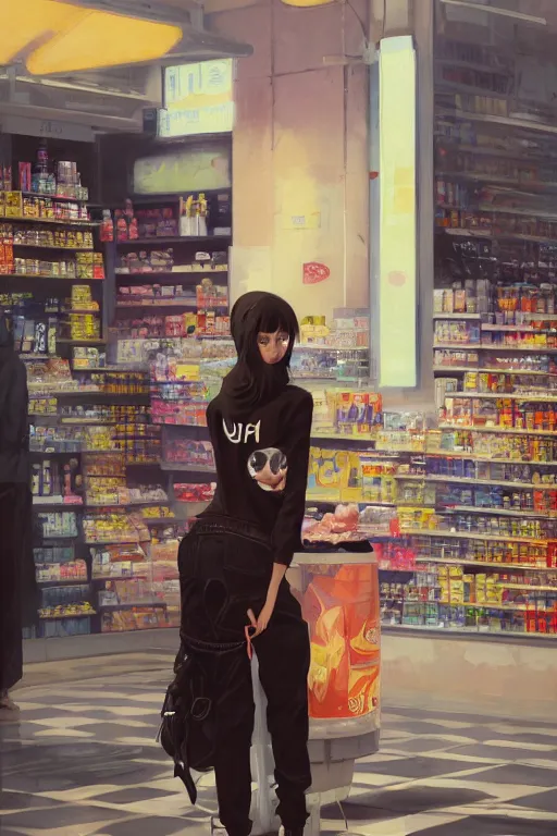 Image similar to A ultradetailed beautiful panting of a stylish girl wearing streetwear in a convenience store, Oil painting, by Ilya Kuvshinov, Greg Rutkowski and Makoto Shinkai