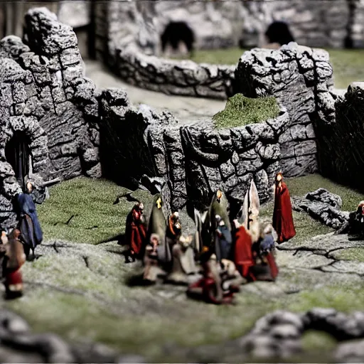 Prompt: claymation action shot of the council of the ring, lotr, dramatic lighting, creepy, dslr, tilt shift, extremely textured, realistic hyper detailed