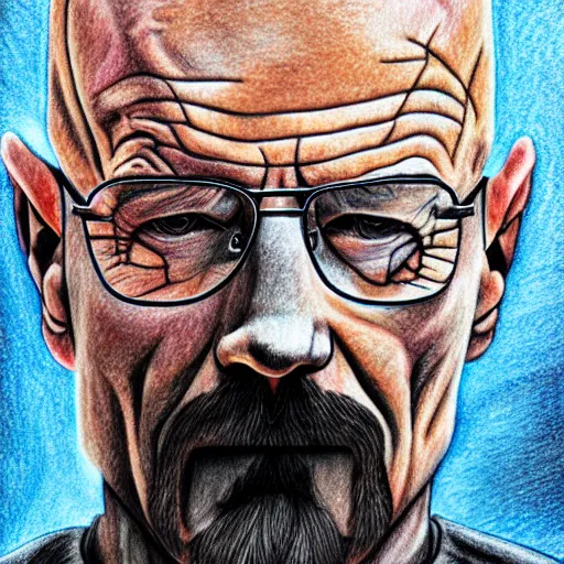 Image similar to walter white covered in acid fog, colored pencil drawing,