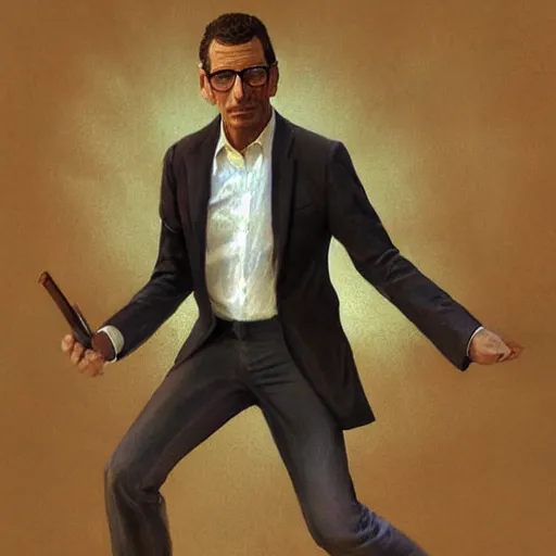 Prompt: Portrait of a Jeff Goldblum in GTA V , art by Albert Bierstadt and James Gurney, highly detailed, digital painting, matte painting, concept art, illustration, oppressive lighting, trending on artstation, very detailed