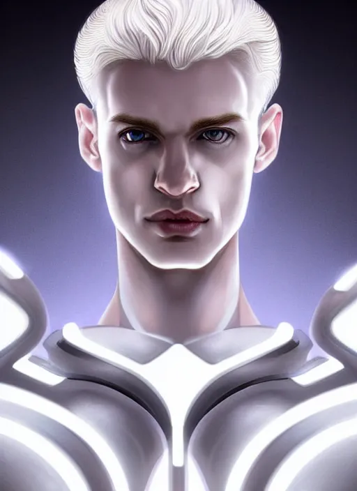 Prompt: symmetry portrait of a pale blond androgynous irish male cyborg with very curly long blond curly hair, clean shaven!!!!, sci - fi, black cybernetic armor, glowing lights intricate, elegant, highly detailed, digital painting, artstation, concept art, smooth, sharp focus, illustration, art by artgerm and greg rutkowski and alphonse mucha