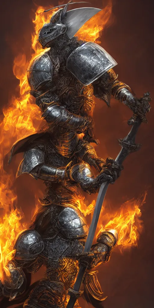 Prompt: full body portrait of half rat knight holding a great sword made of fire, anthropomorphic, prompt:hyper realistic, high detail, photo realistic, cinematic lighting, rendering by octane, spot lighting, in a open field, high quality, coherent. green hue armor