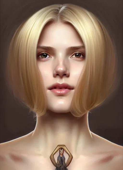 Image similar to symmetrical beautiful face, portrait of young woman blessed by god with ever - increasing physical and mental perfection, blonde hair, perfect face!! intricate, elegant, highly detailed, vision of holy perfection!! smile, digital painting, artstation, concept art, smooth, sharp focus, illustration, art by artgerm and greg rutkowski and alphonse mucha