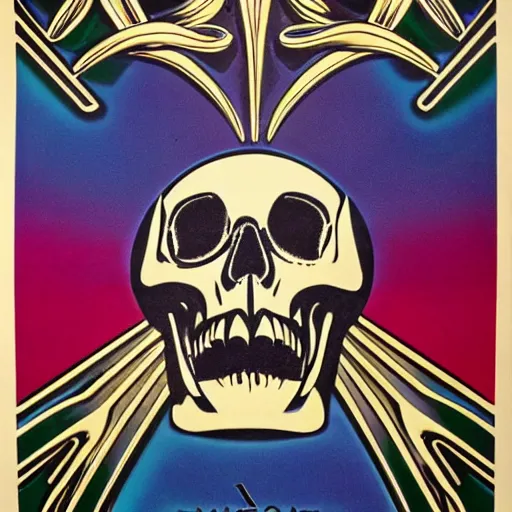 Prompt: 1 9 7 0 s airbrushed poster featuring art deco chrome skull, key light, intricate ornamental designs