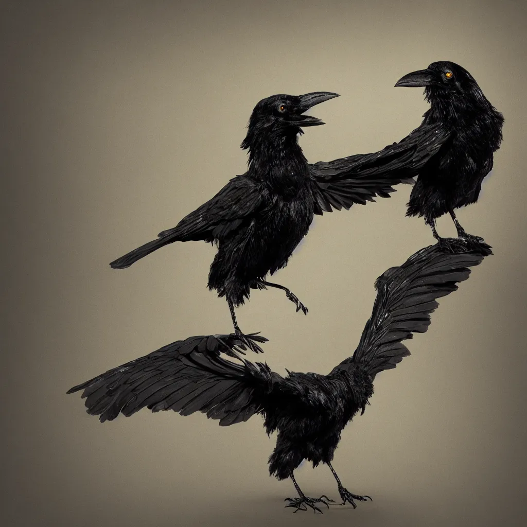 Prompt: Raven with wings made of gold and black eyes, white background, octane render, dramatic, depth of field