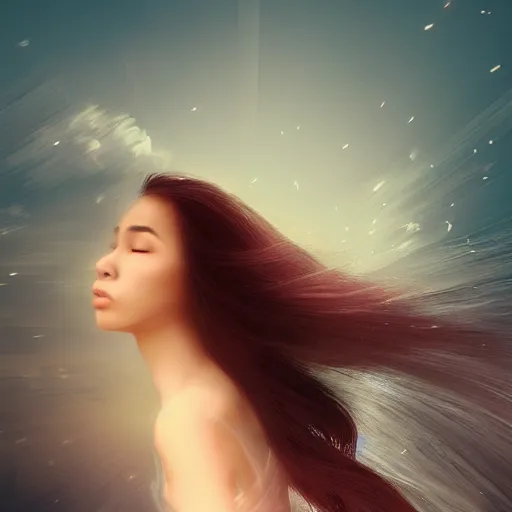 Prompt: a thin, pretty young Filipino woman with long hair floats dramatically in the air in a dreamy world in the distance, her face is shaded, very beautiful, inspiring, dramatic lighting, abstract digital art, trending on artstation