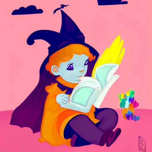 Prompt: cute baby phoenix wearing a witch\'s hat and reading a book, colorful rainbow feathers, digital art, trending on artstation