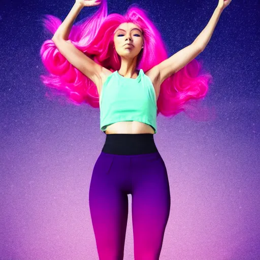 Image similar to a award winning full body shot of a beautiful woman in a croptop and leggings with a ombre purple pink teal hairstyle with head in motion and hair flying, outrun, vaporware, vivid colors, highly detailed, fine detail, intricate