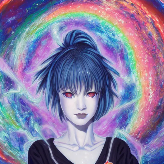 Prompt: rei ayanami, deep space, seascape, grimes, lain iwakura, silver hair, johfra bosschart, usagi, cut anime maid, cosmos, psychedelic flowers, black opal, rainbow aura quartz, organic, oni compound artwork, of character, render, artstation, portrait, wizard, beeple, art, fantasy, epcot, psychedelic glitchcore