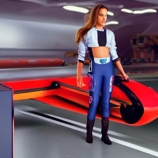 Image similar to photo of Natalie Portman in video game F-Zero, standing next to a racing machine, fine art photography 8k