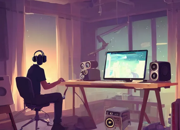 Image similar to man with headphones at his home studio producing music late at night, very detailed, 4 k, cory loftis, james gilleard, atey ghailan, makoto shinkai, goro fujita, studio ghibli, rim light, exquisite lighting, clear focus, very coherent, masterpiece