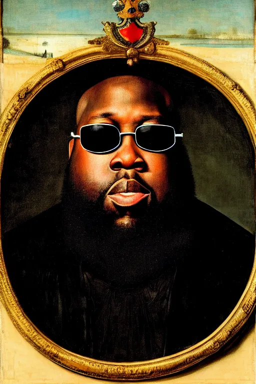 Prompt: high quality celebrity portrait of killer mike in a crown and sunglasses painted by the old dutch masters, rembrandt, hieronymous bosch, frans hals, symmetrical detail