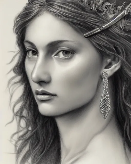 Image similar to long shot realism pencil drawing of the beautiful greek goddess aphrodite wearing a laurel wreath and arrowhead earrings, beautiful confident eyes, beautiful flowing hair, white god eyes, hyper realistic face, in the style of greg rutkowski, fantasy, amazing detail, epic, elegant, smooth, sharp focus, from the front