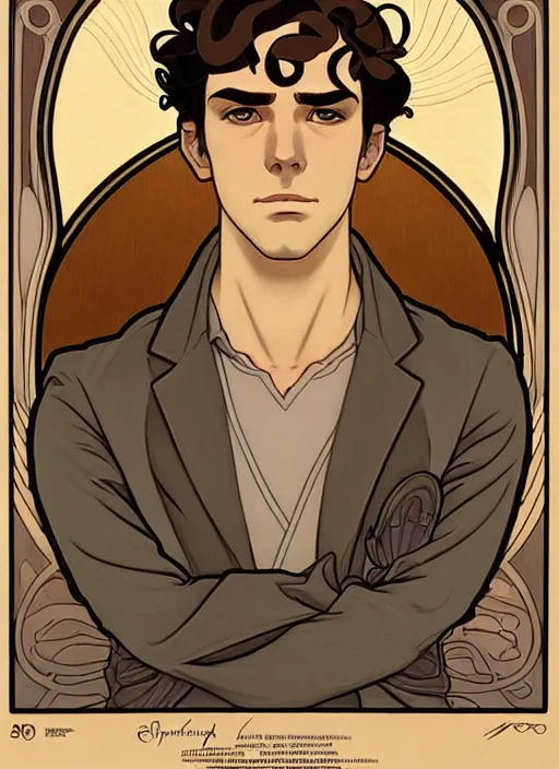 Prompt: art nouveau portrait of a handsome young man with curly light brown hair, brown eyes, serious facial expression, gloomy mood, annoyed, t - shirt, natural lighting, path traced, highly detailed, high quality, cartoon, digital painting, by don bluth and ross tran and studio ghibli and alphonse mucha