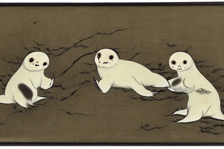 Image similar to baby harp seal demons, scary, Japanese painting, 1800s