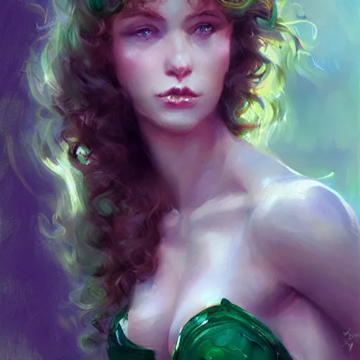 Prompt: a mascular woman with emerald green eyes, and green hair that naturally curls up on the ends, bodybuilder woman, by daniel gerhartz, digital art, artstation