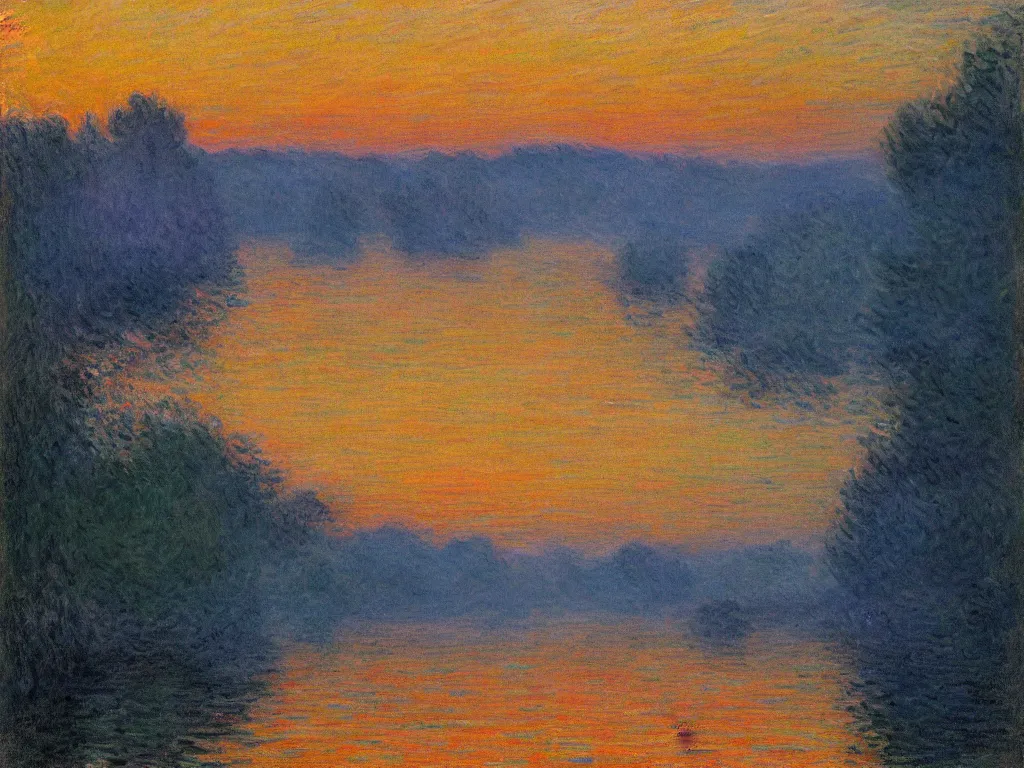 Image similar to trending on artstation, a beautiful river during sunset, in the style of Claude Monet