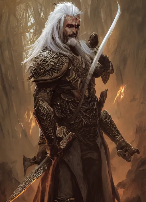 Image similar to An epic fantasy comic book style portrait painting of a supreme necromancer warlord with white hair , with many undead and skeleton warriors around him, painted by dreadjim and craig mullins, greg rutkowski, unreal 5, octane render, cosplay, RPG portrait, dynamic lighting