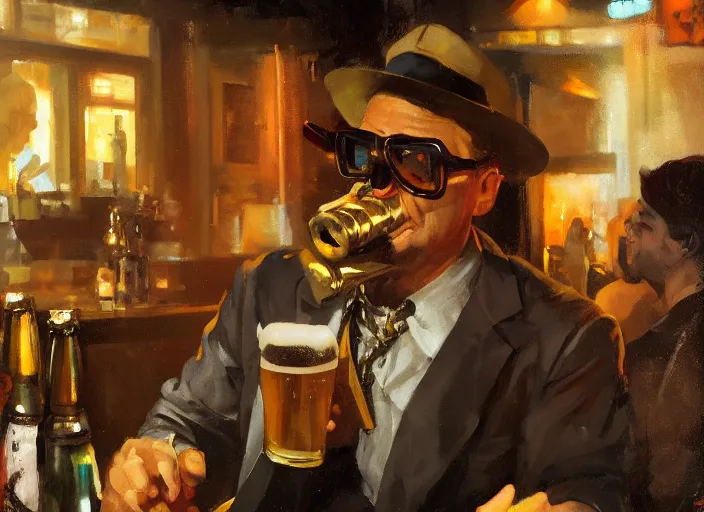 Image similar to greg manchess still - life painting of a delicious mug of beer in an orcish dieselpunk bar, close - up, organic painting, matte painting, bold shapes, hard edges, street art, trending on artstation, by huang guangjian and gil elvgren and sachin teng