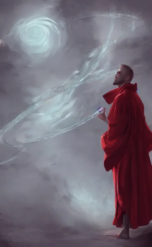 Prompt: man with long red robe over a white shirt magic wand raised high, facing camera, swirling magical energy, magic realism, artwork by chengwei pan, trending on artstation