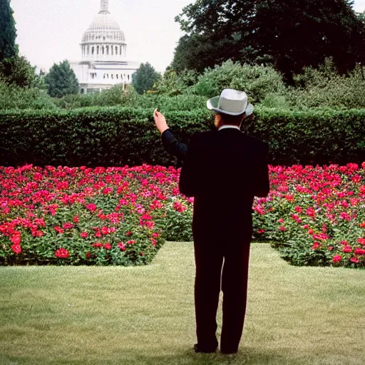 Image similar to Matt Drudge speaking in the Rose Garden. CineStill.