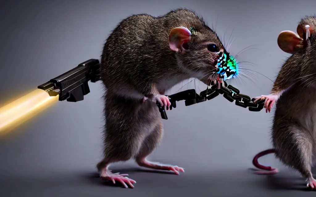 Prompt: small bipedal rat!!!!!! carrying large sci - fi fantasy alien gun, cinematic, portrait, shot on 7 0 mm, macro, wearing a chain, from the new sci - fi movie [ small rat saves the cheese ], 8 k, f 1. 8
