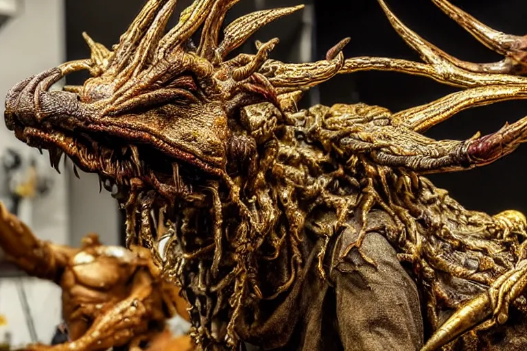 Image similar to photo taken of an epic intricate, ultra detailed, super realistic sculpture of a nightmarish hellish demonic creature on display in a workshop, created by weta workshop, zoomed in shots, photorealistic, sharp focus, f 0. 4, face centred, macro photography, golden ratio, golden hour