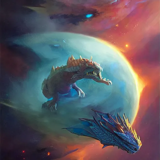 Prompt: Gigantic blue scaled dragon devouring an earth like planet while flying in space, sun system, salamance, nebula, oil painting, by Fernanda Suarez and Edgar Maxence and Greg Rutkowski