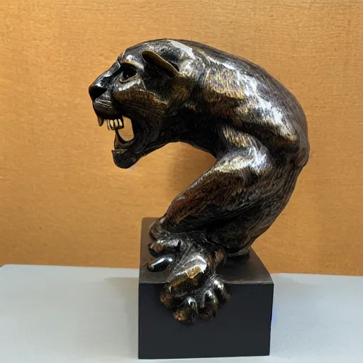 Prompt: Bronze Jaguar sculpture with glowing purple eyes