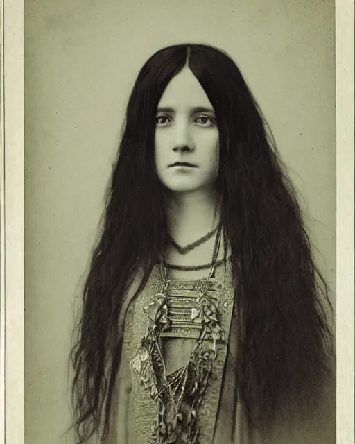 Image similar to a girl with short micro bangs and long hair dressed like the high priestess, 8 k, portrait, beautiful, young, dark hair, 1 8 0 0 s photograph, art nouveau