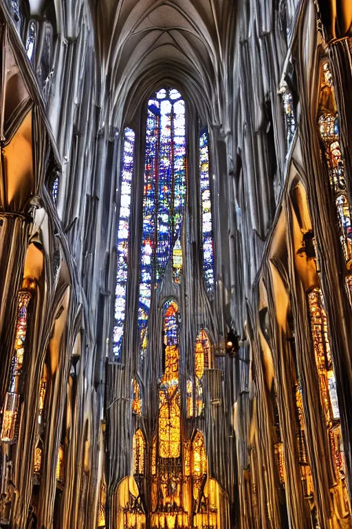 Image similar to A view inside phantom of spiritual gothic cathedral, with mistic crest on top