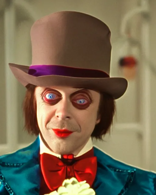 Image similar to film still close - up shot of steve buscemi as willy wonka from the movie willy wonka & the chocolate factory. photographic, photography