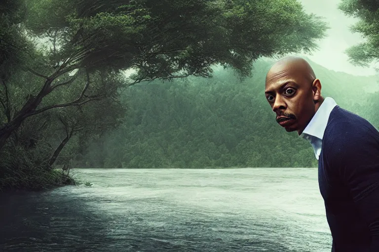 Prompt: an ultra realistic, cinematic headshot portrait, of dave chapelle, background of a vast serene landscape, with trees and rivers, detailed, deep focus, movie still, dramatic lighting, ray tracing, by michal karcz and yoshitaka amano