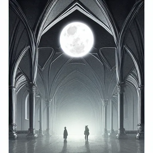 Image similar to large gothic hall with large moon on the ceiling, cyber space, soft light, artstation, detailed, colorfull