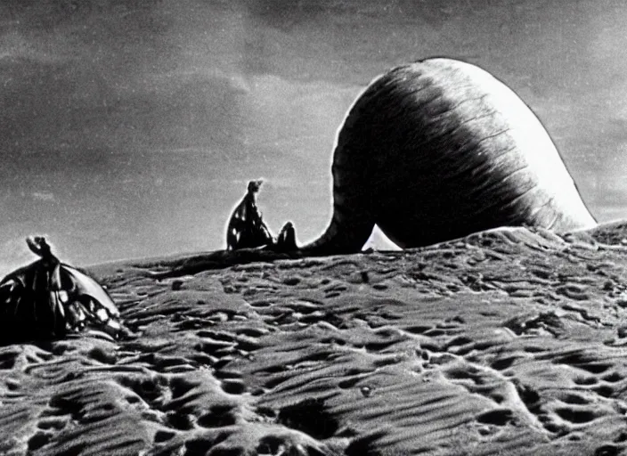 Prompt: sandworm scene from the 1 9 5 4 science fiction film dune