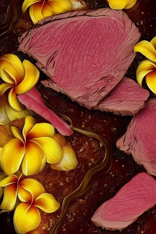 Prompt: ultra realistic illustration, portrait of sliced roast beef covered in honey and ketchup, plumeria tropical bouquet background, close up shot, fantasy, intricate, elegant, highly detailed, digital painting, artstation, concept art, smooth, sharp focus, illustration, surrealism