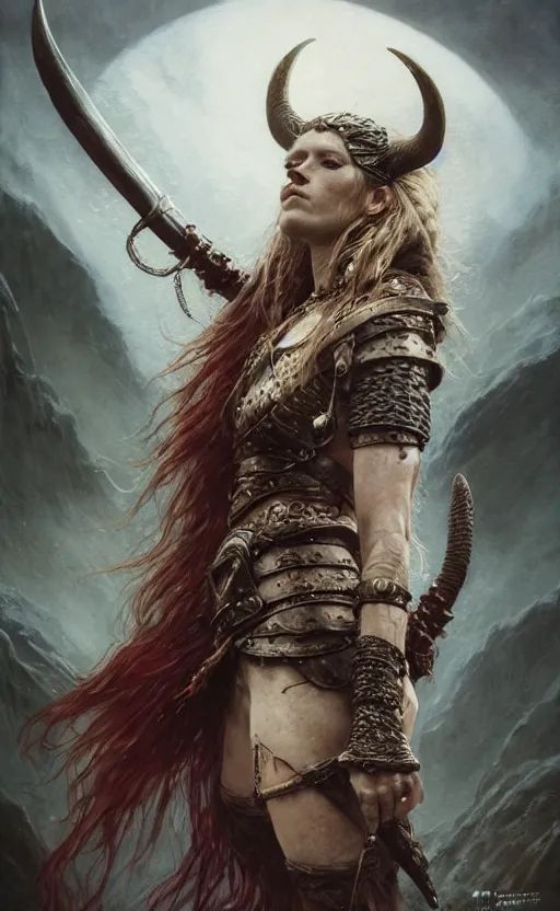 Image similar to Official photo of a majestic fierce viking woman, leader, fear, scarred, highly detailed, viking attire, cinematic, 8k, 1080s, by Stanley Artgermm, Tom Bagshaw, Greg Rutkowski, Vincent di Fate, Carne Griffiths, Ayami Kojima, trending on DeviantArt, hyper detailed, full of color, digital art, valhalla, Game of Thrones