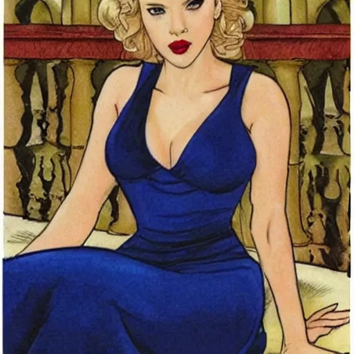 Prompt: scarlett johansson drawn by milo manara in a sexy gown