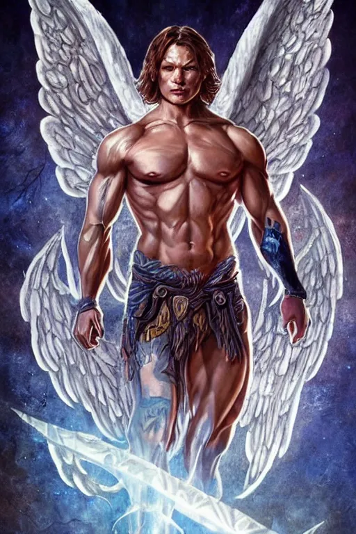 Image similar to muscular Sam Winchester as an angel with religious tattoos on chest and neck, with glowing runes on the body, urban fantasy book cover style, D&D dark fantasy style, sharp focus, ultra detailed, art by Artgerm and Peter Andrew Jones, Karol Bak, Ayami Kojima, Amano and Olivier Ledroit