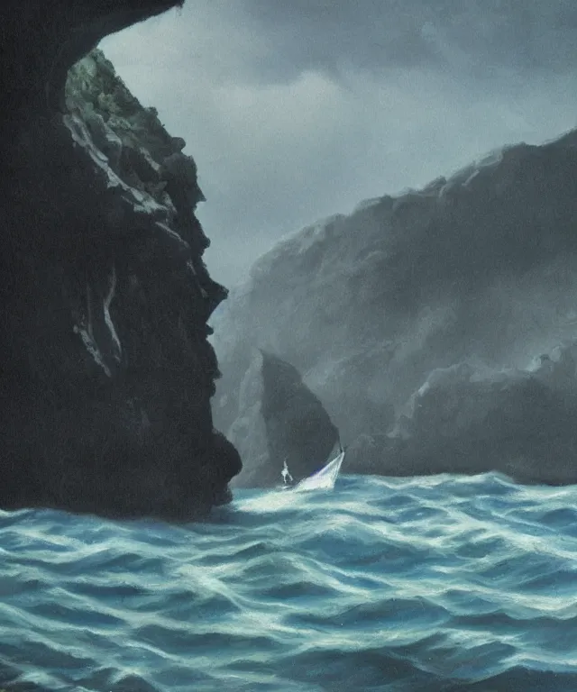 Prompt: photorealistic blue - toned painting of a 1 9 2 5 bay boat sailing near a jamaican cliff with the mouth of a sea cave at the waterline, dark, brooding, atmospheric, lovecraft, horror, smooth, epic, highly detailed, cinematic