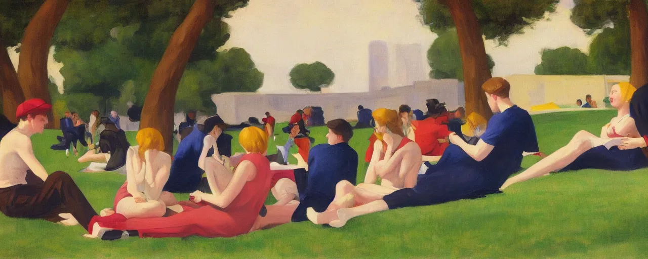 Prompt: an edward hopper style painting of a young generation z group of friends drinking in a park on sundah