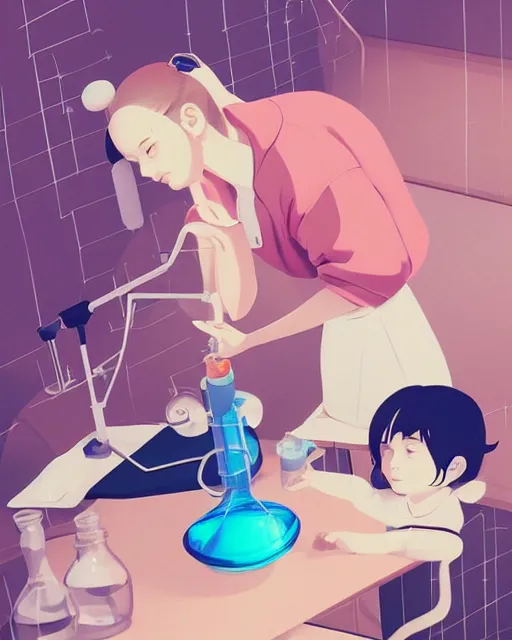 Image similar to a little girl is doing a science experiment. clean cel shaded vector art. minimalist illustration art by lois van baarle, artgerm, helen huang by makoto shinkai and ilya kuvshinov, rossdraws