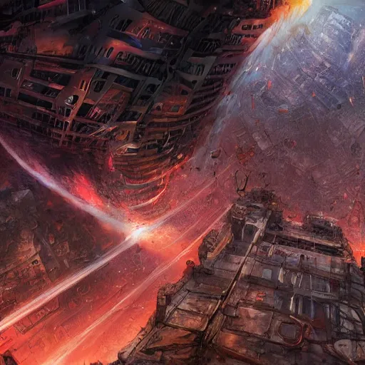 Prompt: movie still of a black hole destroying the city, part of buildings flying into the black hole, post apocalypse, epic art, highly detailed, art by marc simonetti, jonathan solter 4 k