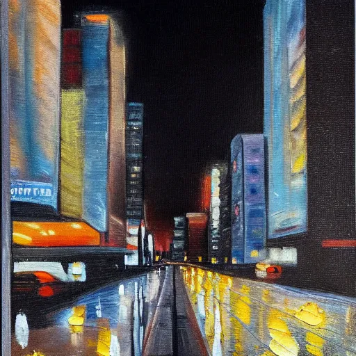 Image similar to oil painting of a black cat walking down a street at night, wide angle, tall buildings