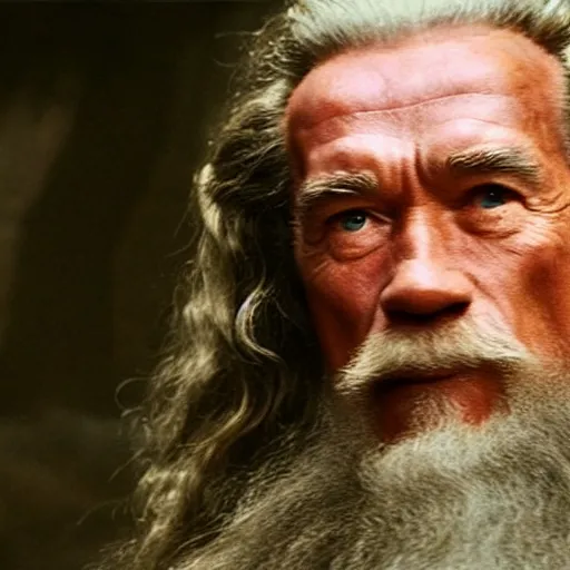 Prompt: still of Arnold Schwarzenegger as gandalf